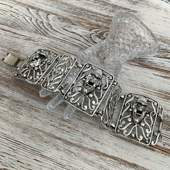 Vintage Selro Selini Signed Jester Clown Silver Plated Wide Panel Link Bracelet - Picture 5 of 10